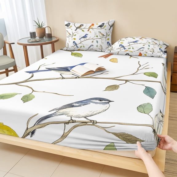 Full Size Fitted Sheet Set - Leaf Bird 3 Piece Bedding Sets 16" Deep Pocket Fitted Sheet with 2 Pillowcases Colorful Spring Tree Branch Country Boho Brushed Microfiber Hotel Luxury Bed Sheets