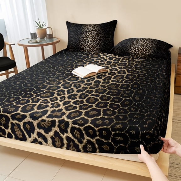 Full Size Fitted Sheet Set - Leopard Print 3 Piece Bedding Sets 16" Deep Pocket Fitted Sheet with 2 Pillowcases Chic Abstract Black Brown Animals Texture Brushed Microfiber Hotel Luxury Bed Sheets