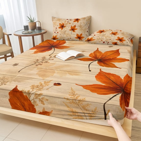Full Size Fitted Sheet Set - Maple Leaves Fall 3 Piece Bedding Sets 16" Deep Pocket Fitted Sheet with 2 Pillowcases, Thanksgiving Botanical Autumn Wooden Brushed Microfiber Hotel Luxury Bed Sheets