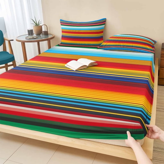 Full Size Fitted Sheet Set - Mexican Stripes 3 Piece Bedding Sets 16" Deep Pocket Fitted Sheet with 2 Pillowcases Ethnic Horizontal Lines Tribal Geometric Art Brushed Microfiber Hotel Bed Sheets