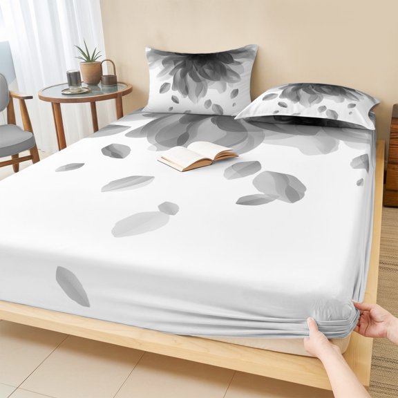 Full Size Fitted Sheet Set - Modern Grey 3 Piece Bedding Sets 16" Deep Pocket Fitted Sheet with 2 Pillowcases Gradient Floral Abstract Bohemian White Brushed Microfiber Hotel Luxury Bed Sheets