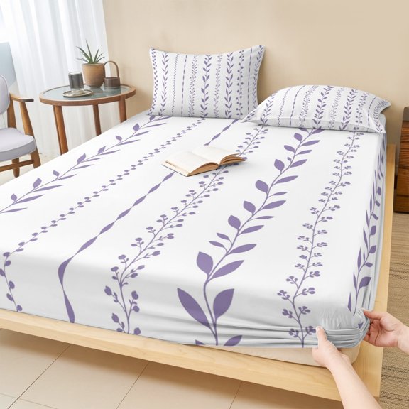 Full Size Fitted Sheet Set - Modern Minimalist 3 Piece Bedding Sets 16" Deep Pocket Fitted Sheet with 2 Pillowcases, Rustic Leaves Stripes Pattern Purple Brushed Microfiber Hotel Luxury Bed Sheets