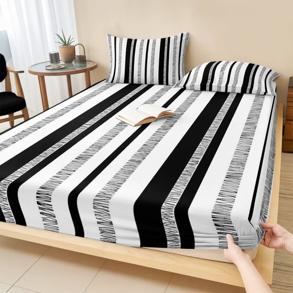 Full Size Fitted Sheet Set - Modern Simple Art 3 Piece Bedding Sets 16" Deep Pocket Fitted Sheet with 2 Pillowcases, Black Gray Vertical Stripes Pattern Brushed Microfiber Hotel Luxury Bed Sheets