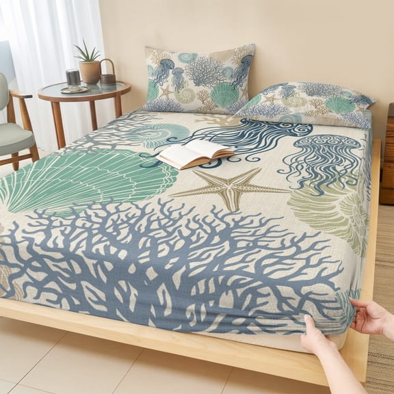 Full Size Fitted Sheet Set - Nautical Coastaal 3 Piece Bedding Sets 16" Deep Pocket Fitted Sheet with 2 Pillowcases Ocean Jellyfish Coral Seashells Conch Beige Brushed Microfiber Hotel Bed Sheets