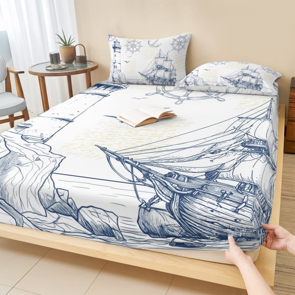 Full Size Fitted Sheet Set - Nautical Ship Lighthouse 3 Piece Bedding Sets 16" Deep Pocket Fitted Sheet with 2 Pillowcases Ocean Anchor Rudder Lines Art Brushed Microfiber Hotel Luxury Bed Sheets