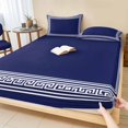 thumbnail image 1 of Full Size Fitted Sheet Set - Navy Blue Geometric 3 Piece Bedding Sets 16" Deep Pocket Fitted Sheet with 2 Pillowcases White Greek Key Design Abstract Modern Art Brushed Microfiber Luxury Bed Sheets, 1 of 9