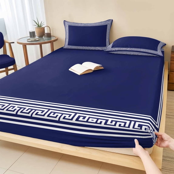 Full Size Fitted Sheet Set - Navy Blue Geometric 3 Piece Bedding Sets 16" Deep Pocket Fitted Sheet with 2 Pillowcases White Greek Key Design Abstract Modern Art Brushed Microfiber Luxury Bed Sheets