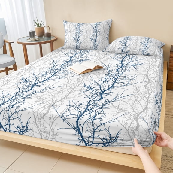 Full Size Fitted Sheet Set - Navy Blue Grey Branch 3 Piece Bedding Sets 16" Deep Pocket Fitted Sheet with 2 Pillowcases Spring Summer Pastoral Botanical Brushed Microfiber Hotel Luxury Bed Sheets