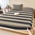 thumbnail image 1 of Full Size Fitted Sheet Set - Navy Blue Stripes 3 Piece Bedding Sets 16" Deep Pocket Fitted Sheet with 2 Pillowcases, Modern Striped Cream Brushed Microfiber Hotel Luxury Bed Sheets, 1 of 9