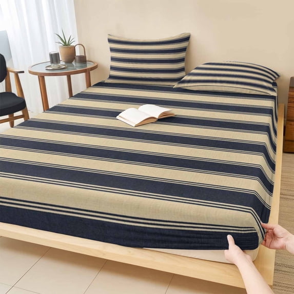 Full Size Fitted Sheet Set - Navy Blue Stripes 3 Piece Bedding Sets 16" Deep Pocket Fitted Sheet with 2 Pillowcases, Modern Striped Cream Brushed Microfiber Hotel Luxury Bed Sheets