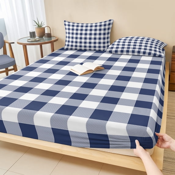 Full Size Fitted Sheet Set - Navy Blue White Plaid 3 Piece Bedding Sets 16" Deep Pocket Fitted Sheet with 2 Pillowcases Farmhouse Checkered Buffalo Brushed Microfiber Hotel Luxury Bed Sheets