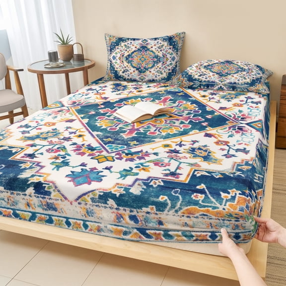 Full Size Fitted Sheet Set - Navy Blue Yellow 3 Piece Bedding Sets 16" Deep Pocket Fitted Sheet with 2 Pillowcases Boho Southwestern Ethnic Mexican Flowers Brushed Microfiber Hotel Luxury Bed Sheets