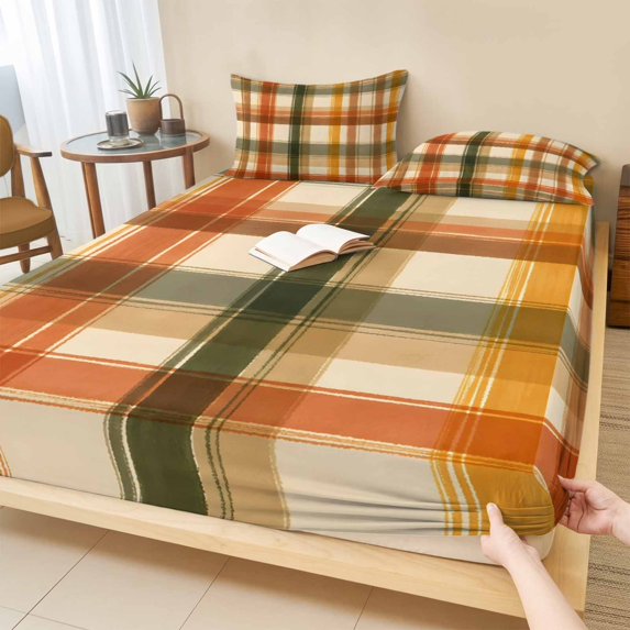 Full Size Fitted Sheet Set - Orange Green Checked 3 Piece Bedding Sets 16" Deep Pocket Fitted Sheet with 2 Pillowcases, Fall Thanksgiving Buffalo Plaid Brushed Microfiber Hotel Luxury Bed Sheets