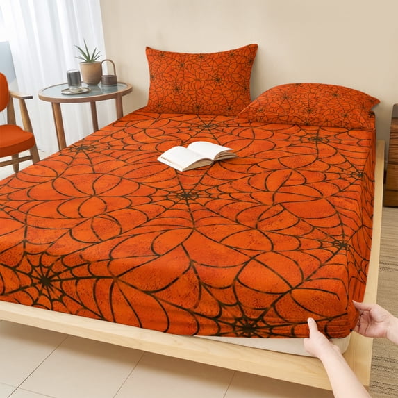 Full Size Fitted Sheet Set - Orange Halloween 3 Piece Bedding Sets 16" Deep Pocket Fitted Sheet with 2 Pillowcases, Black Spiders Net Classic Gingham Brushed Microfiber Hotel Luxury Bed Sheets