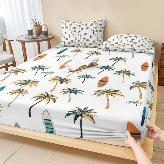 Full Size Fitted Sheet Set - Palm Trees 3 Piece Bedding Sets 16" Deep Pocket Fitted Sheet with 2 Pillowcases Summer Botanical Tropical Plants Kayaks Brushed Microfiber Hotel Luxury Bed Sheets