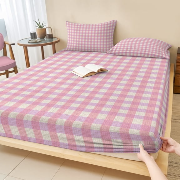 Full Size Fitted Sheet Set - Pink 3 Piece Bedding Sets 16" Deep Pocket Fitted Sheet with 2 Pillowcases Grid Checkered Plaid Gingham Lattice Trellis Brushed Microfiber Hotel Luxury Bed Sheets