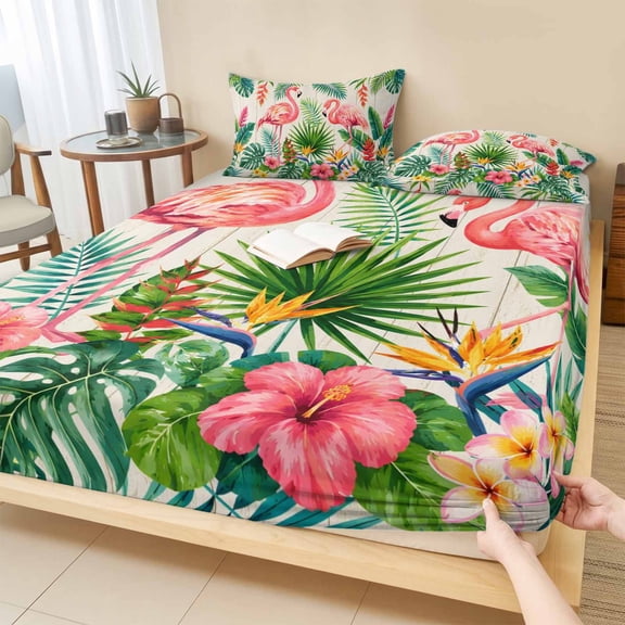 Full Size Fitted Sheet Set - Pink Flamingos 3 Piece Bedding Sets 16" Deep Pocket Fitted Sheet with 2 Pillowcases, Wooden Summer Botanical Wooden Leaves Brushed Microfiber Hotel Luxury Bed Sheets