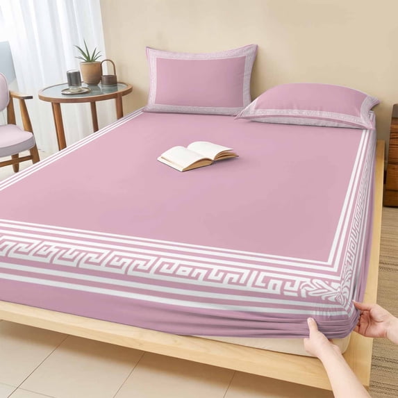 Full Size Fitted Sheet Set - Pink Geometric 3 Piece Bedding Sets 16" Deep Pocket Fitted Sheet with 2 Pillowcases White Greek Key Design Abstract Modern Art Brushed Microfiber Hotel Luxury Bed Sheets