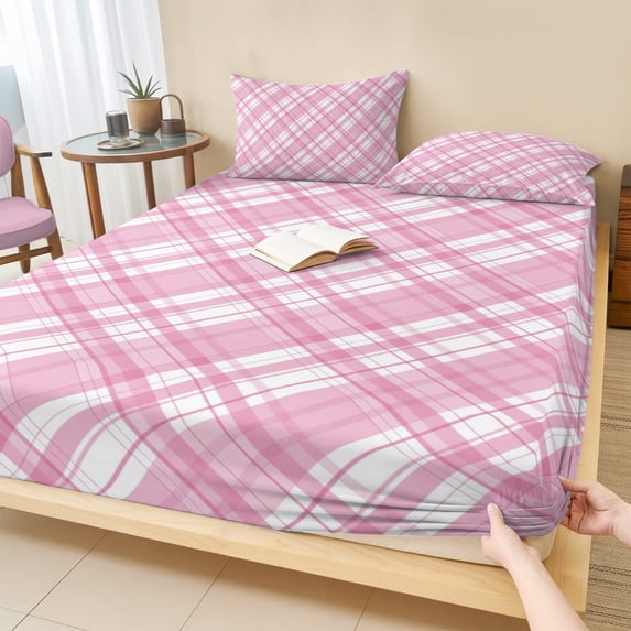 Full Size Fitted Sheet Set - Pink Plaid 3 Piece Bedding Sets 16" Deep Pocket Fitted Sheet with 2 Pillowcases, White Stripes Modern Grids Geometric Brushed Microfiber Hotel Luxury Bed Sheets