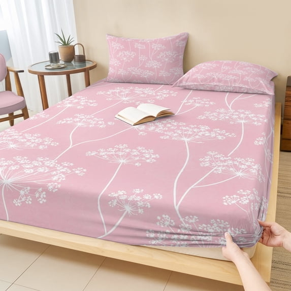 Full Size Fitted Sheet Set - Pink Wildflowers 3 Piece Bedding Sets 16" Deep Pocket Fitted Sheet with 2 Pillowcases, White Dandelion Flowers Rustic Spring Brushed Microfiber Hotel Luxury Bed Sheets