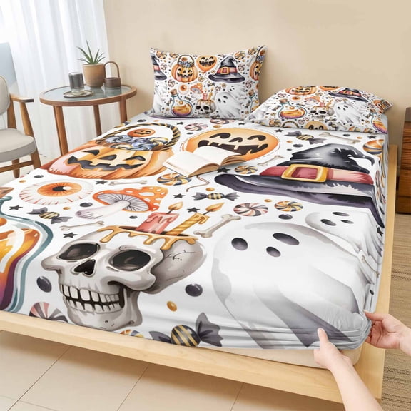 Full Size Fitted Sheet Set - Pumpkins Halloween 3 Piece Bedding Sets 16" Deep Pocket Fitted Sheet with 2 Pillowcases, Skull Candy Candle Cute Ghost Brushed Microfiber Hotel Luxury Bed Sheets