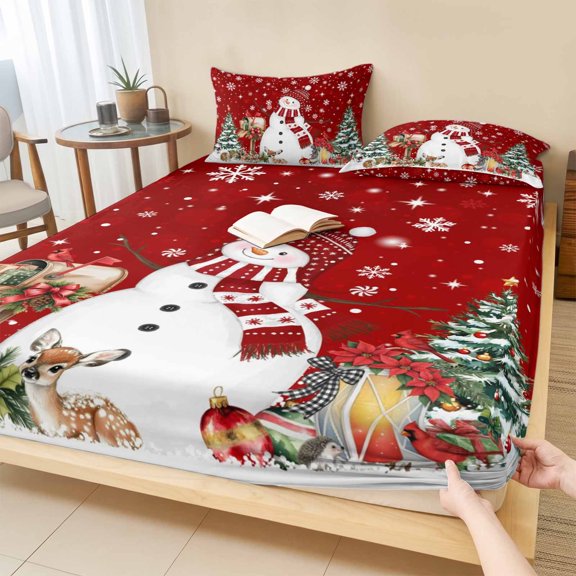 Full Size Fitted Sheet Set - Red Christmas 3 Piece Bedding Sets 16" Deep Pocket Fitted Sheet with 2 Pillowcases, Snowman Gifts Xmas Tree Snowflake Winter Brushed Microfiber Hotel Luxury Bed Sheets