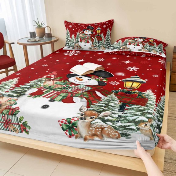 Full Size Fitted Sheet Set - Red Christmas 3 Piece Bedding Sets 16" Deep Pocket Fitted Sheet with 2 Pillowcases, Snowman Xmas Snowflake Botanical Tree Brushed Microfiber Hotel Luxury Bed Sheets