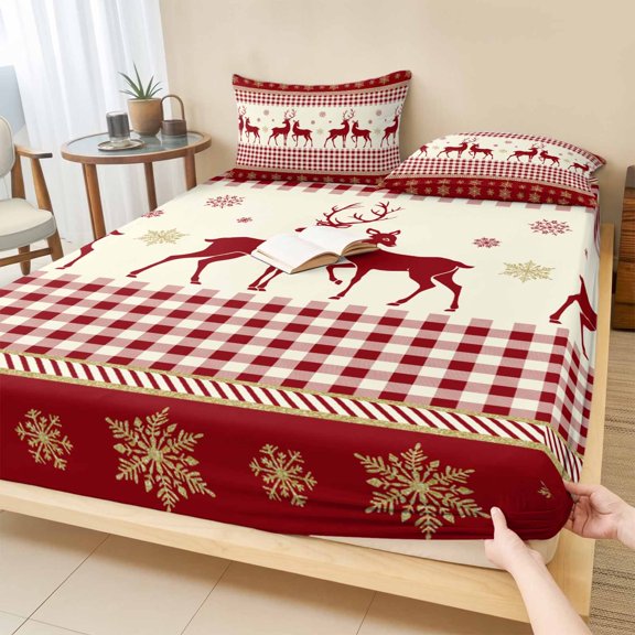 Full Size Fitted Sheet Set - Red Christmas 3 Piece Bedding Sets 16" Deep Pocket Fitted Sheet with 2 Pillowcases, Xmas Elk Snowflake Red Plaid Brushed Microfiber Hotel Luxury Bed Sheets