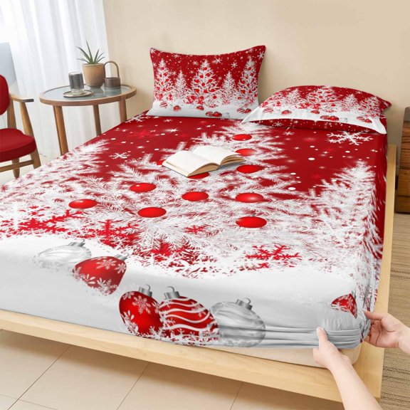 Full Size Fitted Sheet Set - Red Christmas 3 Piece Bedding Sets 16" Deep Pocket Fitted Sheet with 2 Pillowcases, Xmas Tree Ball Snowflake Winter Brushed Microfiber Hotel Luxury Bed Sheets