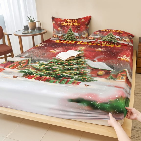 Full Size Fitted Sheet Set - Red Green Christmas 3 Piece Bedding Sets 16" Deep Pocket Fitted Sheet with 2 Pillowcases, Winter Snowflakes Xmas Trees Village Brushed Microfiber Hotel Luxury Bed Sheets