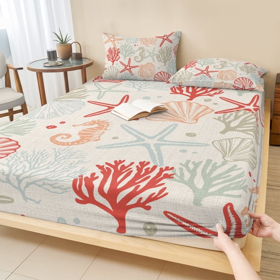 Full Size Fitted Sheet Set - Red Orange Coastal 3 Piece Bedding Sets 16" Deep Pocket Fitted Sheet with 2 Pillowcases Summer Beach Starfish Coral Nautical Rustic Brushed Microfiber Hotel Bed Sheets