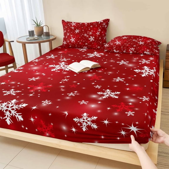 Full Size Fitted Sheet Set - Red Snowflake Christmas 3 Piece Bedding Sets 16" Deep Pocket Fitted Sheet with 2 Pillowcases, Xmas Snowflake Modern Art Winter Brushed Microfiber Hotel Luxury Bed Sheets