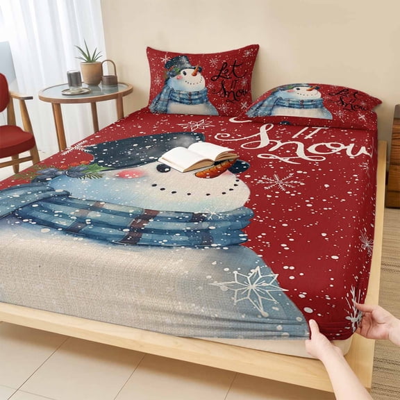 Full Size Fitted Sheet Set - Red Snowman Christmas 3 Piece Bedding Sets 16" Deep Pocket Fitted Sheet with 2 Pillowcases, Let Snow Xmas Winter Snowflake Brushed Microfiber Hotel Luxury Bed Sheets