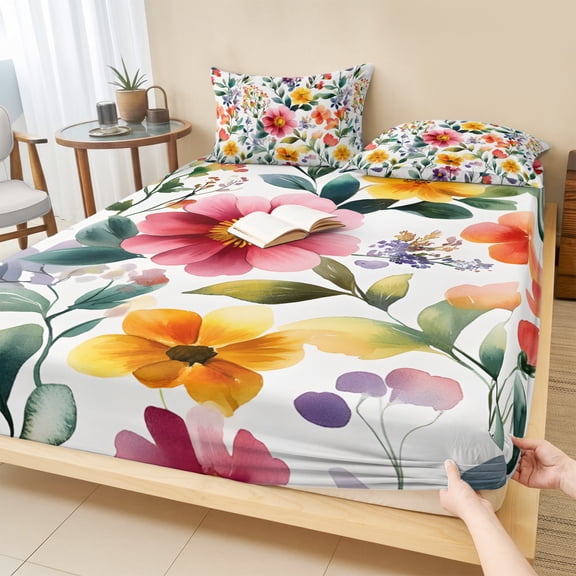 Full Size Fitted Sheet Set - Retro Flower 3 Piece Bedding Sets 16" Deep Pocket Fitted Sheet with 2 Pillowcases Boho Country Floral Leaf Plant Watercolor Brushed Microfiber Hotel Luxury Bed Sheets
