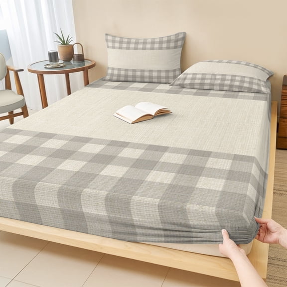 Full Size Fitted Sheet Set - Retro Grey 3 Piece Bedding Sets 16" Deep Pocket Fitted Sheet with 2 Pillowcases Farmhouse Buffalo Plaid Vintage Beige Brushed Microfiber Hotel Luxury Bed Sheets