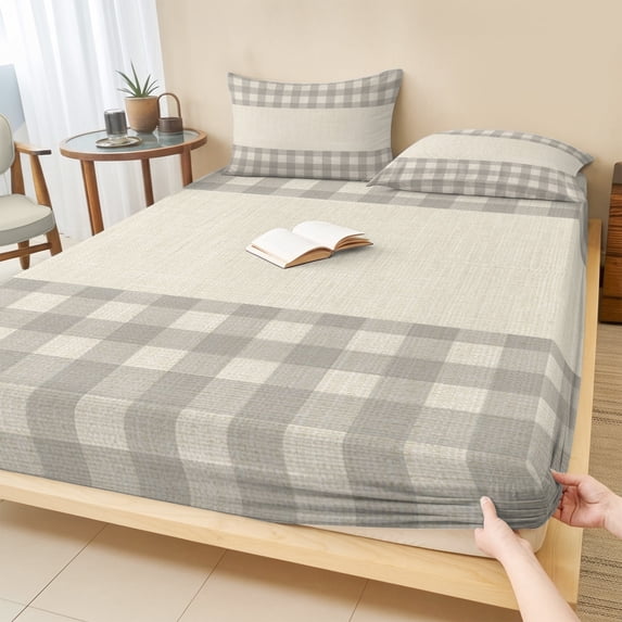 Full Size Fitted Sheet Set - Retro Grey 3 Piece Bedding Sets 16" Deep Pocket Fitted Sheet with 2 Pillowcases Farmhouse Buffalo Plaid Vintage Beige Brushed Microfiber Hotel Luxury Bed Sheets