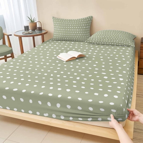 Full Size Fitted Sheet Set - Sage Green 3 Piece Bedding Sets 16" Deep Pocket Fitted Sheet with 2 Pillowcases, Abstract White Polka Dot Geometric Retro Art Brushed Microfiber Hotel Luxury Bed Sheets
