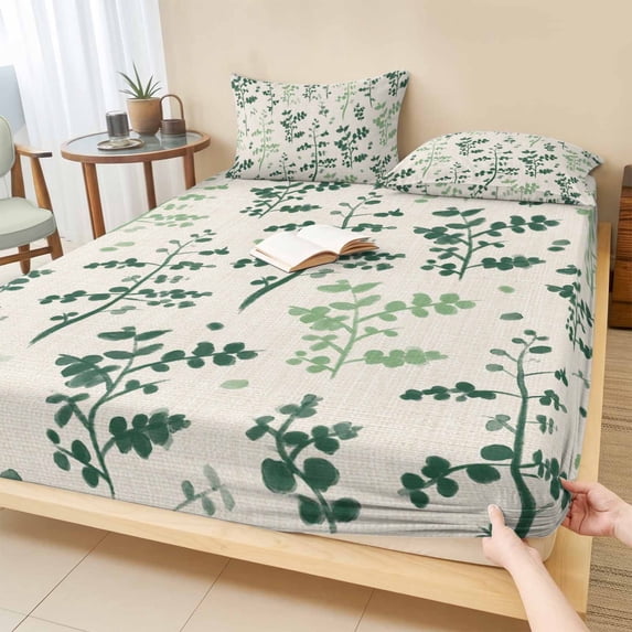 Full Size Fitted Sheet Set - Sage Green Botanical 3 Piece Bedding Sets 16" Deep Pocket Fitted Sheet with 2 Pillowcases Rustic Country Spring Floral Summer Leaf Brushed Microfiber Hotel Bed Sheets