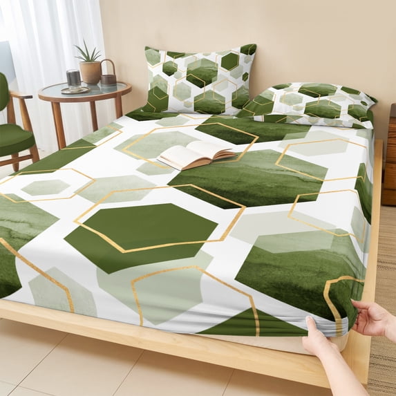 Full Size Fitted Sheet Set - Sage Green Marble 3 Piece Bedding Sets 16" Deep Pocket Fitted Sheet with 2 Pillowcases Gold White Geometric Hexagon Modern Brushed Microfiber Hotel Luxury Bed Sheets