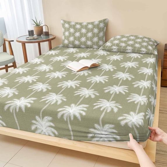 Full Size Fitted Sheet Set - Sage Green Palm Trees 3 Piece Bedding Sets 16" Deep Pocket Fitted Sheet with 2 Pillowcases, Tropical Summer Botanical Seaside Brushed Microfiber Hotel Luxury Bed Sheets