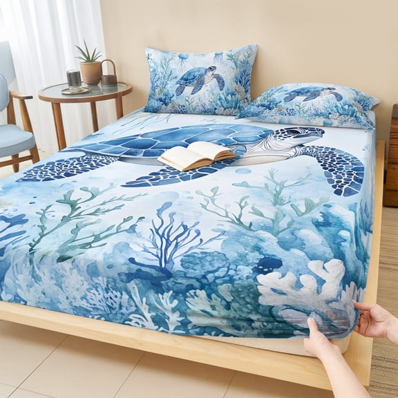 Full Size Fitted Sheet Set - Sea Turtle Coastal 3 Piece Bedding Sets 16" Deep Pocket Fitted Sheet with 2 Pillowcases Blue Summer Beach Coral Jellyfish Brushed Microfiber Hotel Luxury Bed Sheets