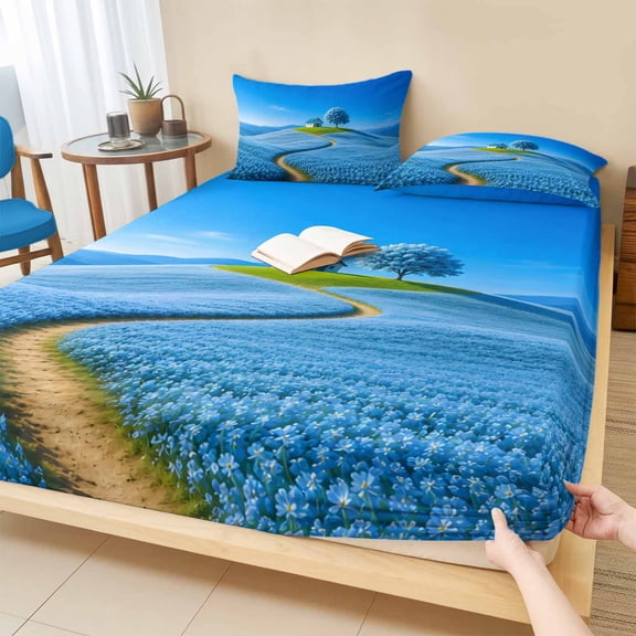 Full Size Fitted Sheet Set - Sky Blue 3 Piece Bedding Sets 16" Deep Pocket Fitted Sheet with 2 Pillowcases, Natural Landscape Country Tree Flowers Brushed Microfiber Hotel Luxury Bed Sheets