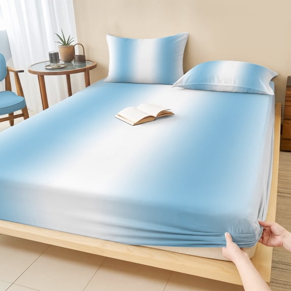 Full Size Fitted Sheet Set - Sky Blue White 3 Piece Bedding Sets 16" Deep Pocket Fitted Sheet with 2 Pillowcases Gradient Vertical Stripes Minimalist Brushed Microfiber Hotel Luxury Bed Sheets