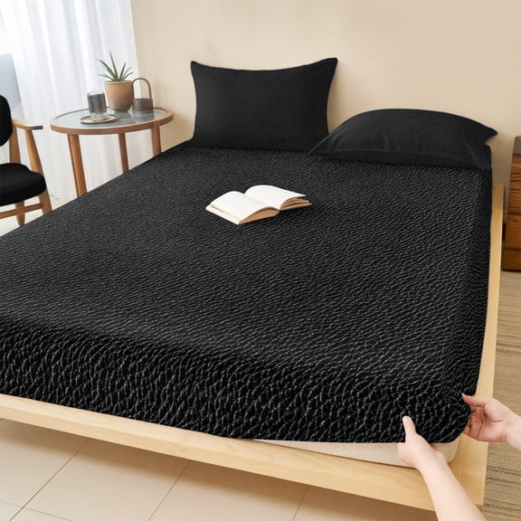 Full Size Fitted Sheet Set - Solid Black 3 Piece Bedding Sets 16" Deep Pocket Fitted Sheet with 2 Pillowcases Retro Minimalism Abstract Denim Texture Brushed Microfiber Hotel Luxury Bed Sheets