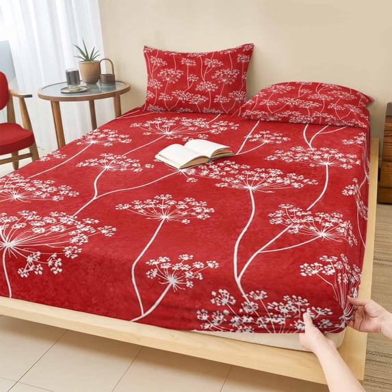 Full Size Fitted Sheet Set - Spring Flowers 3 Piece Bedding Sets 16" Deep Pocket Fitted Sheet with 2 Pillowcases, Retro Country Dandelion Floral Red Brushed Microfiber Hotel Luxury Bed Sheets