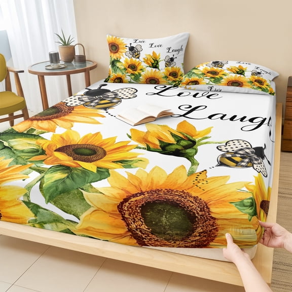 Full Size Fitted Sheet Set - Sunflower Bee 3 Piece Bedding Sets 16" Deep Pocket Fitted Sheet with 2 Pillowcases Vintage Yellow Floral Farmhouse Watercolor Brushed Microfiber Hotel Luxury Bed Sheets