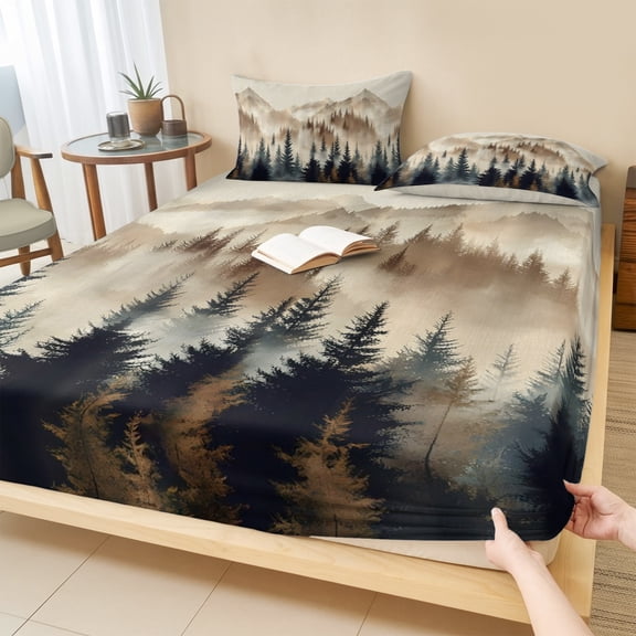 Full Size Fitted Sheet Set - Tan Forest 3 Piece Bedding Sets 16" Deep Pocket Fitted Sheet with 2 Pillowcases Trees Woods Vintage Natural Watercolor Brushed Microfiber Hotel Luxury Bed Sheets