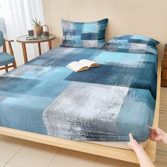 Full Size Fitted Sheet Set - Teal Blue 3 Piece Bedding Sets 16" Deep Pocket Fitted Sheet with 2 Pillowcases Modern Oil Painting Abstract Ombre Geometric Brushed Microfiber Hotel Luxury Bed Sheets