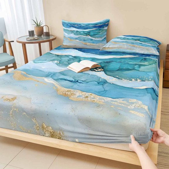 Full Size Fitted Sheet Set - Teal Blue Ombre 3 Piece Bedding Sets 16" Deep Pocket Fitted Sheet with 2 Pillowcases Modern Coastal Ink Painted Abstract Brushed Microfiber Hotel Luxury Bed Sheets