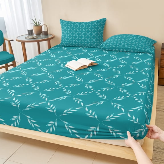 Full Size Fitted Sheet Set - Teal Morocco 3 Piece Bedding Sets 16" Deep Pocket Fitted Sheet with 2 Pillowcases Geometric Leaf Diamond Lattice Abstract Brushed Microfiber Hotel Luxury Bed Sheets
